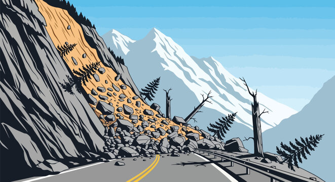 Dynamic landslide blocking mountain road, natural hazard illustration Vector, illustration