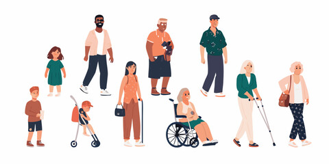 Diverse group of people with disabilities and various ages on white background