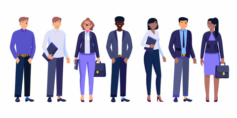 Diverse group of business professionals standing together on white background