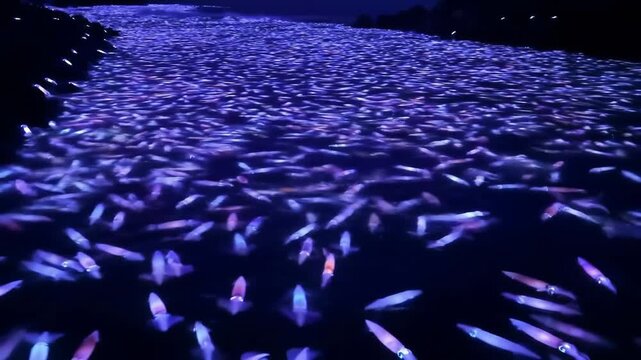 Glowing squid swim en masse through the ocean at night, forming a blue wave effect, for design