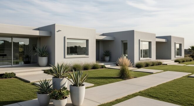 Stylish modern grey house with green lawn and decorative plants
