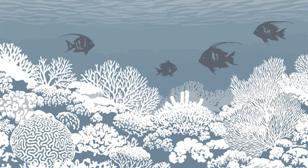 Stylized blue ocean coral reef background with fish silhouettes Vector, illustration