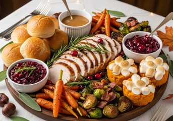 A thanksgiving platter with turkey, rolls, sweet potatoes, cranberry sauce, and roasted vegetables