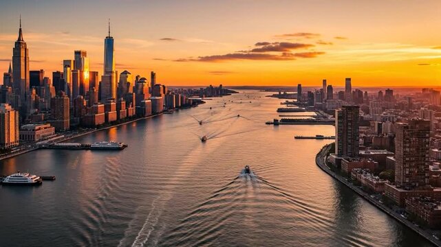 Golden sunset bathes skyline, cinematic drone view