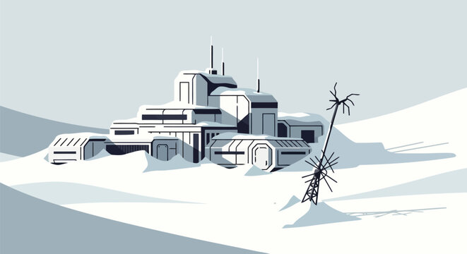 Remote arctic sci fi base in snow landscape illustration Vector, illustration