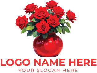 Red vase logo vector with bouquet of red roses and green leaves for floristry, romance, or luxury branding