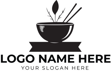 Bowl and chopsticks logo vector with leaf and branch motif for Asian cuisine, organic food, or restaurant branding