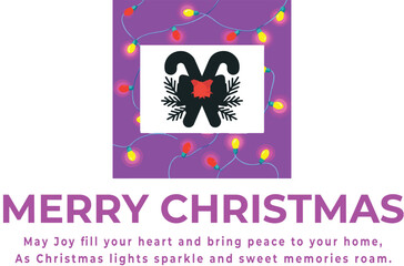 Christmas greeting card with reindeer head, red bow, pine branches, and sparkling lights on purple background