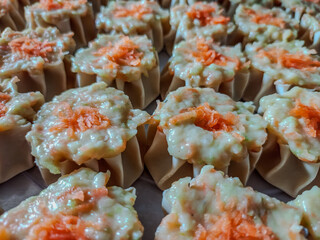 Fresh Dim Sum Filling with Wonton Wrappers and Carrot Topping