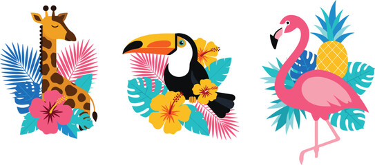 Obraz premium Cartoon giraffe toucan flamingo surrounded by tropical leaves and flowers vector