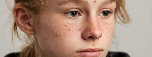 Fototapeta premium Close-Up Portrait of a Young Teenager with Acne in Natural Light, Capturing Raw Emotion and Authentic Expression