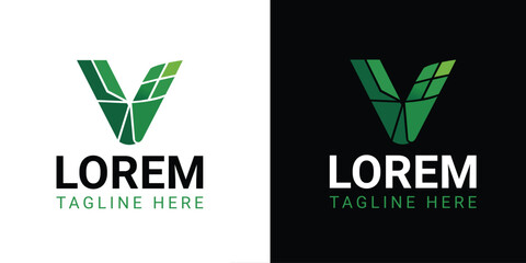 Green V Letter Logo with Geometric Folds and Text on White and Black Backgrounds