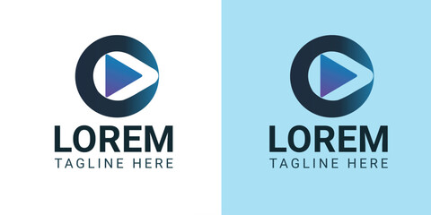 Dark Blue Circle Play Button Logo with Gradient Triangle on White and Blue Backgrounds