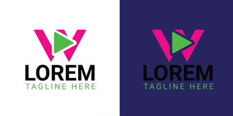 Pink W Letter Logo with Green Play Button Inside on White and Purple Backgrounds