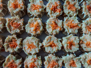 Fresh Dim Sum Filling with Wonton Wrappers and Carrot Topping