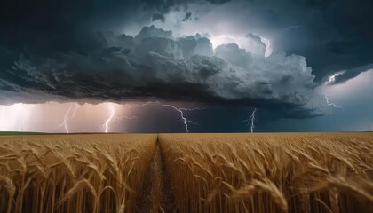 Majestic Golden Wheat Fields Bathed in the Eerie Glow of Multiple Lightning Strikes Under a Fierce Summer Thunderstorm Sky