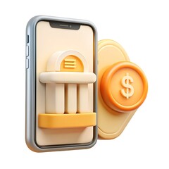 3D mobile banking icon featuring a smartphone, bank building symbol, and dollar sign in soft yellow and orange tones. Perfect for fintech, finance apps, digital payments, and online banking visuals.