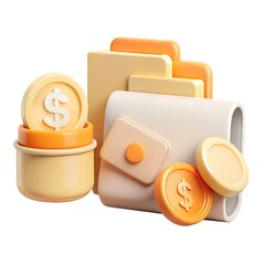 3D render of financial management concept with dollar coins, wallet, and documents, symbolizing savings, investment, and digital banking.