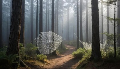 Ethereal sunbeams illuminate intricate spiderwebs across a tranquil footpath in a misty, magical forest