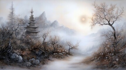 A serene, misty landscape featuring a multi-tiered pagoda nestled among mountains and bare trees. Soft sunlight filters through the fog, creating a tranquil and