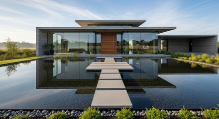 Stunning modern luxury home with reflecting pool and stone pathway