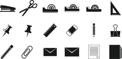 Collection of black and white office and school supplies icons stapler scissors