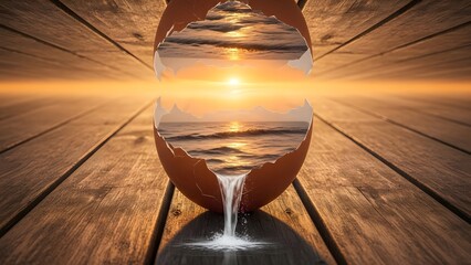 Hourglass with ocean scene and wooden background