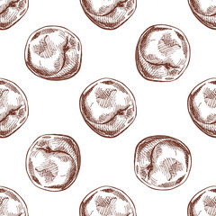 Hand drawn vintage seamless pattern of red apples in engraving ink style, color and monochrome version included