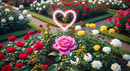 Romantic Rose Garden with Glowing Heart: A Celebration of Love and Beauty