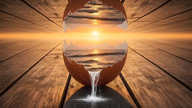 Hourglass with ocean scene and wooden background