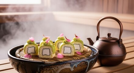 Japaneese cheesecake indulge in a serene spa experience with matcha swiss rolls served alongside a steaming teapot, creating a tranquil and delightful moment of relaxation and culinary pleasure