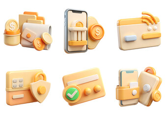 A modern 3D finance icon set featuring wallet, banking, mobile payment, credit card, security lock, and transaction symbols in soft pastel tones. Ideal for fintech apps, UI design, and financial marke