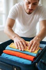 A man in a crisp white shirt neatly folds and stacks colorful summer clothes into an open suitcase, symbolizing travel preparation, packing organization, and vacation wardrobe planning.