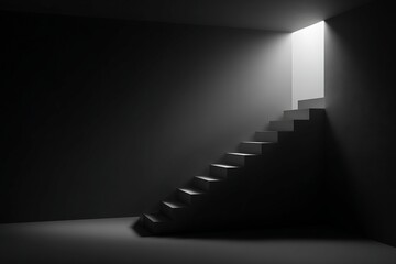 Dramatic Staircase Ascending To A Bright Light With Contrasting Shadows In Dark And Moody Atmosphere For Adobe Stock