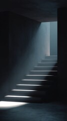 Dramatic Staircase Illuminated by Sunlight in Dark Concrete Interior with Light Rays and Minimalist Architecture and Clean Lines and Vertical Composition