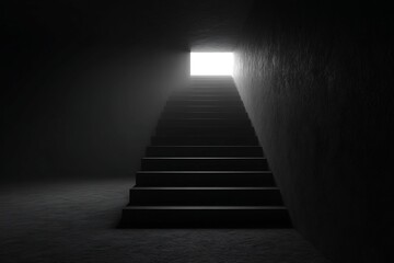 Dramatic Stairway Leading to Bright Light at the Top in Dark Room