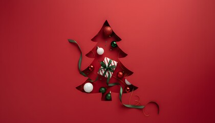 Red dragon on a red background illustration with festive gold ribbon and star for a Merry Christmas greeting card design