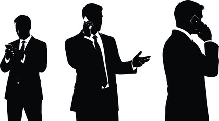 Business professionals using smartphones, mobile communication in office, silhouette trio, phone call interaction, modern workplace, digital networking, collaboration, corporate connectivity