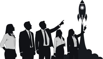 Business team celebrating rocket launch, startup success, innovation, teamwork, leadership, project growth, ambition, silhouette concept, future vision, achievement