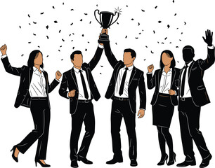 Business team celebrating success, holding trophy, corporate achievement, teamwork victory, professional recognition, office celebration, leadership excellence, career milestone, group joy