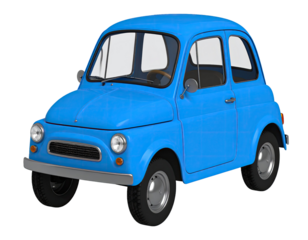 Small blue car with compact exterior and smooth curved body panels displayed in clear transportation detail isolated on white background