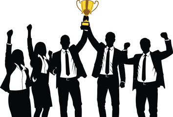 Business team celebrating success, corporate victory concept, silhouette professionals with trophy, teamwork achievement, leadership recognition, career growth, winning moment