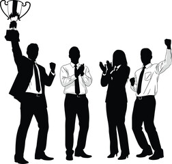 Business team celebrating success, victory trophy, professional achievement, teamwork motivation, winners jumping, leadership excellence, office celebration, goal accomplishment, corporate awards