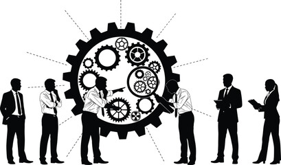 Business team inspecting large gears with magnifying glass, corporate strategy, problem solving, process optimization, technical analysis concept, teamwork silhouette vector illustration