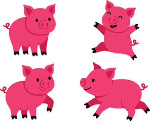 Four cartoon pink pigs in different playful poses on a white background cartoon pig