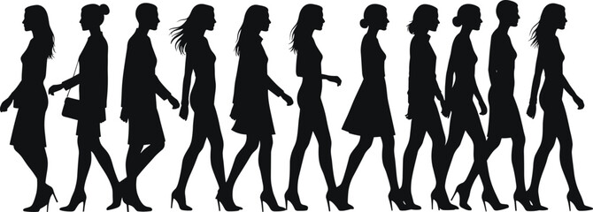 Elegant walking women silhouettes in stylish outfits, modern fashion illustration design, perfect for creative projects, branding, backgrounds, and artwork use