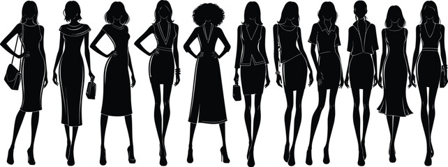 Elegant fashion silhouettes of stylish women models standing together, modern outfit designs, chic poses, runway illustration perfect for branding, creative projects