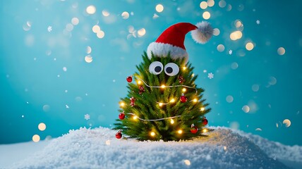 Cute christmas tree with santa hat and lights on snowy festive background