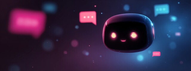 Friendly Floating Chatbot Avatar with Glowing Eyes and Colorful Message Bubbles in a Futuristic Background