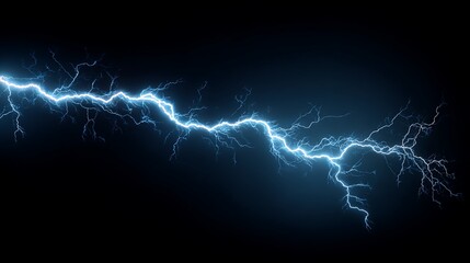 Electric Blue Lightning Bolt Isolated Against Black Background Striking Pattern with Sparkles and Energy Flashes Intense Electrical Discharge and Dark Atmosphere